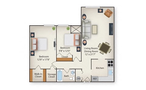 a floor plan of a bedroom apartment with a bathroom and a living room